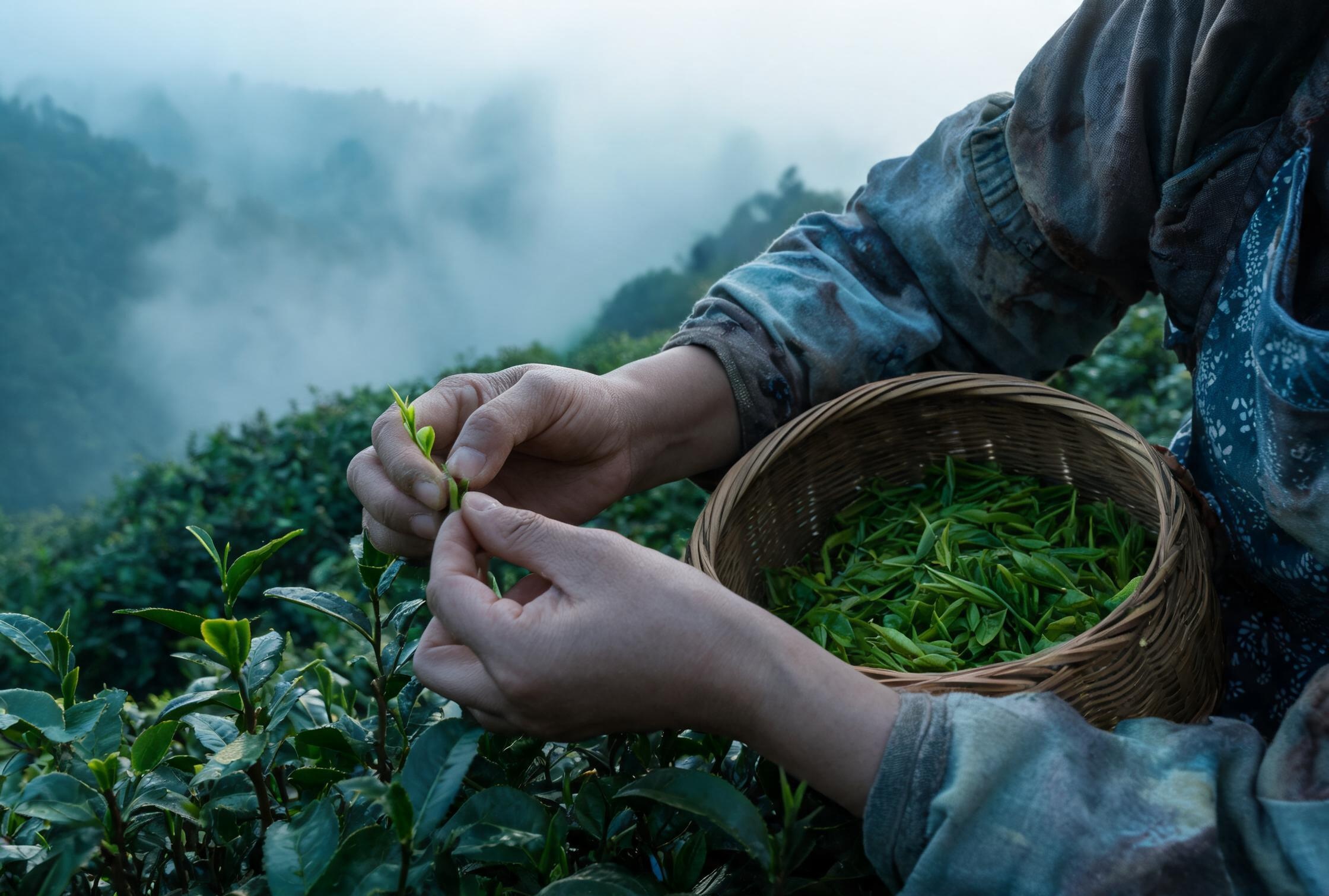 清明前的永川茶山竹海，采茶人头戴头灯弯腰掐下一芽一叶，脚边竹篓里已装了半筐新采的雀舌