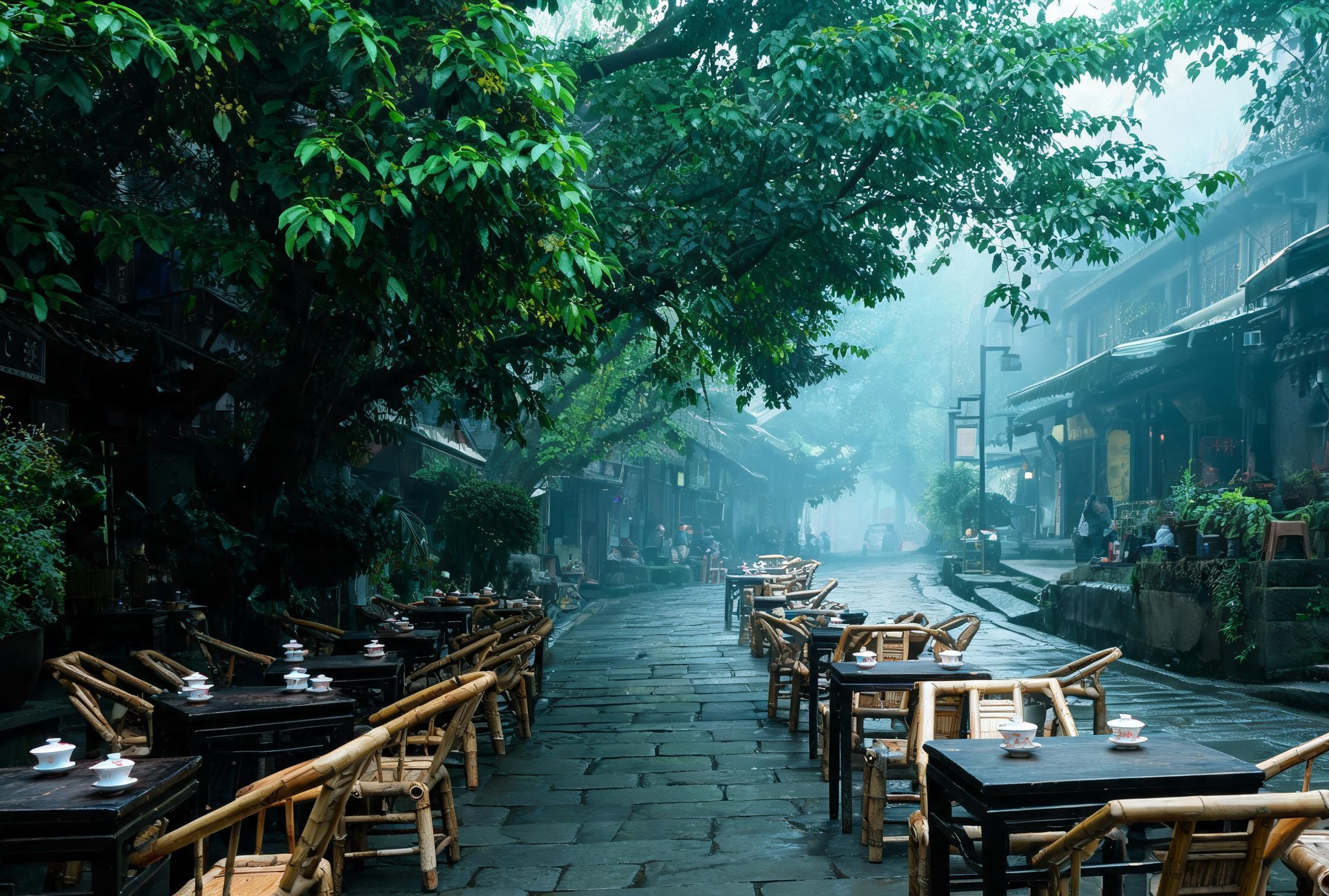 黄桷垭老街垭口上的百年茶摊，竹椅方桌摆开盖碗茶，隔壁李篾匠正低头修补断了档的竹椅