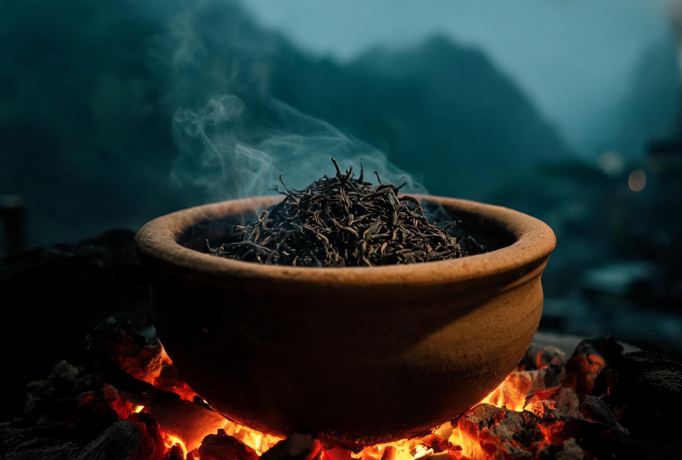 立冬后山城人家的院坝里，粗砂土陶烘茶罐坐在泥炉边，老人正用手背贴着罐壁试探焙火温度