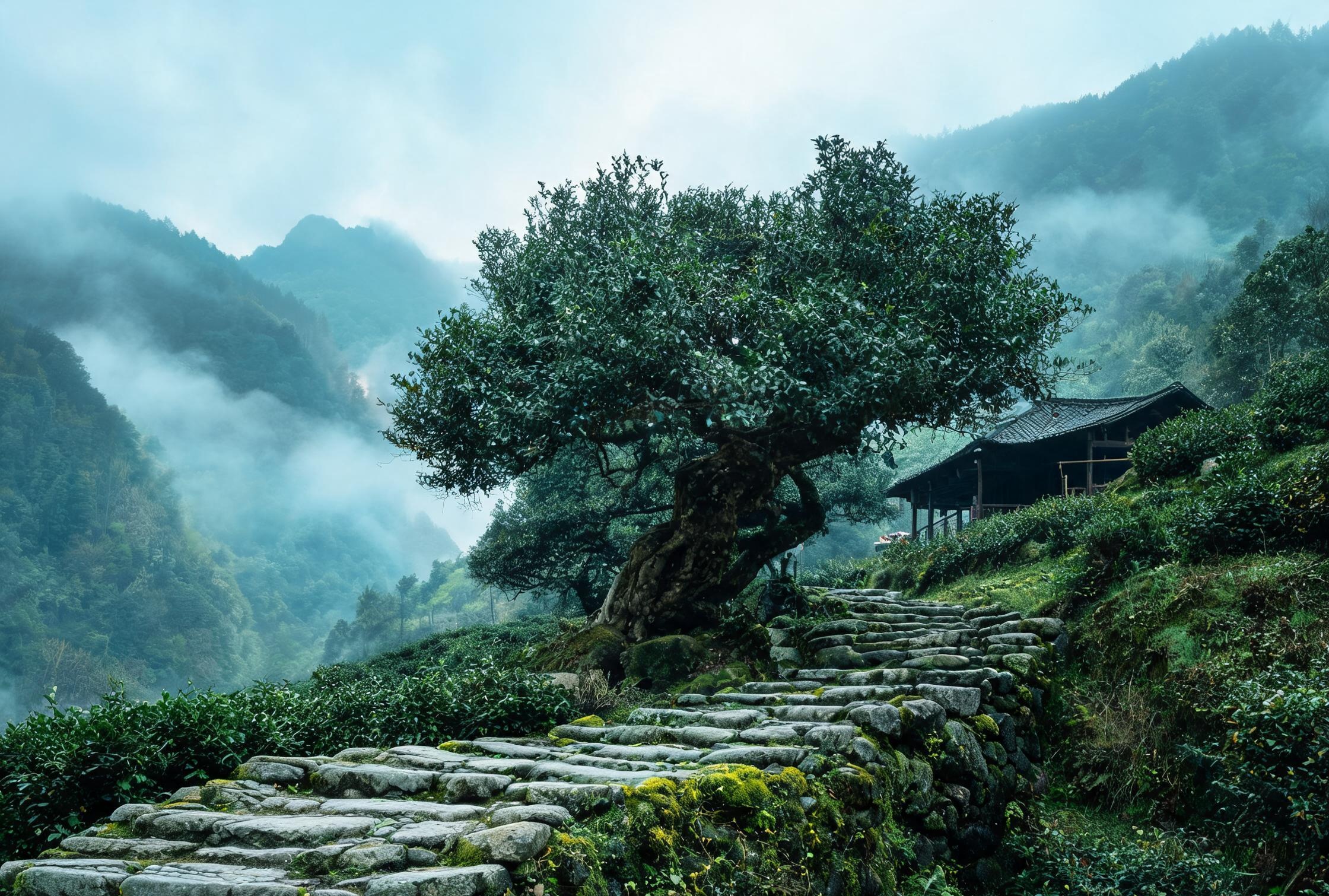 城口大巴山鸡鸣乡的老茶树，枝干粗过碗口，身后是秦巴古道上被露水打湿的一段青石板路