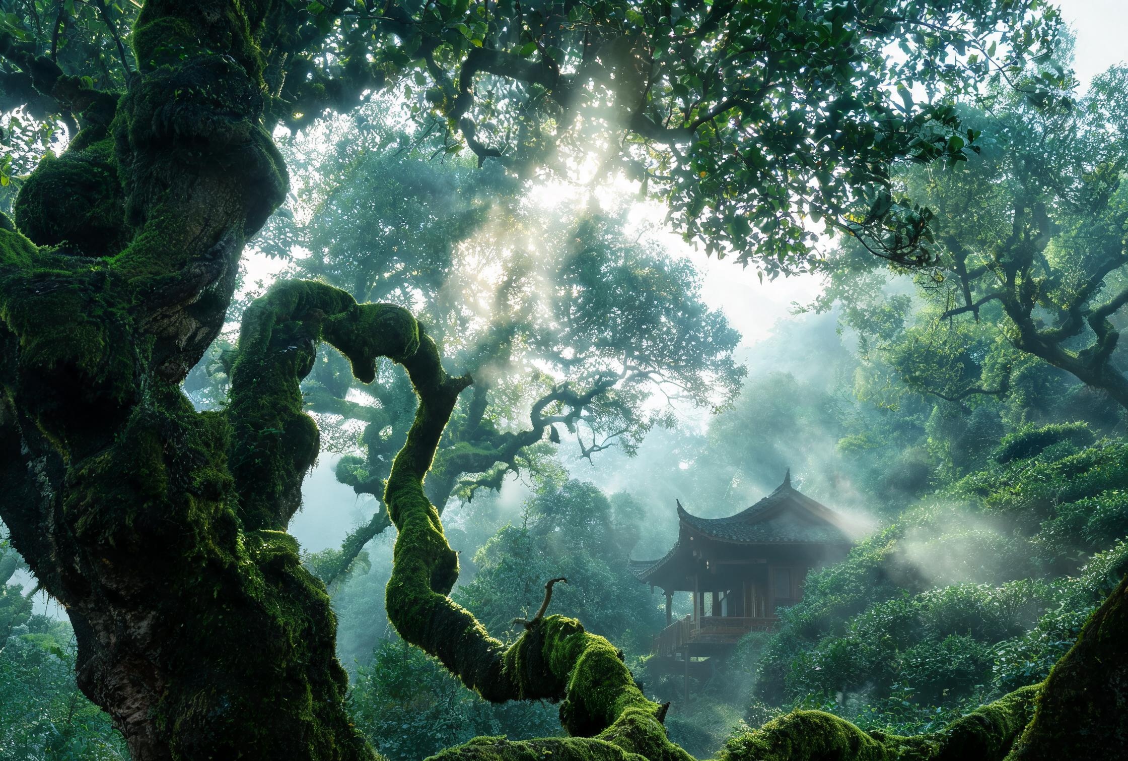 金佛山海拔一千七百米处的野生大茶树，树干裹满青苔，茶农腰间拴绳站在竹梯上采摘嫩叶