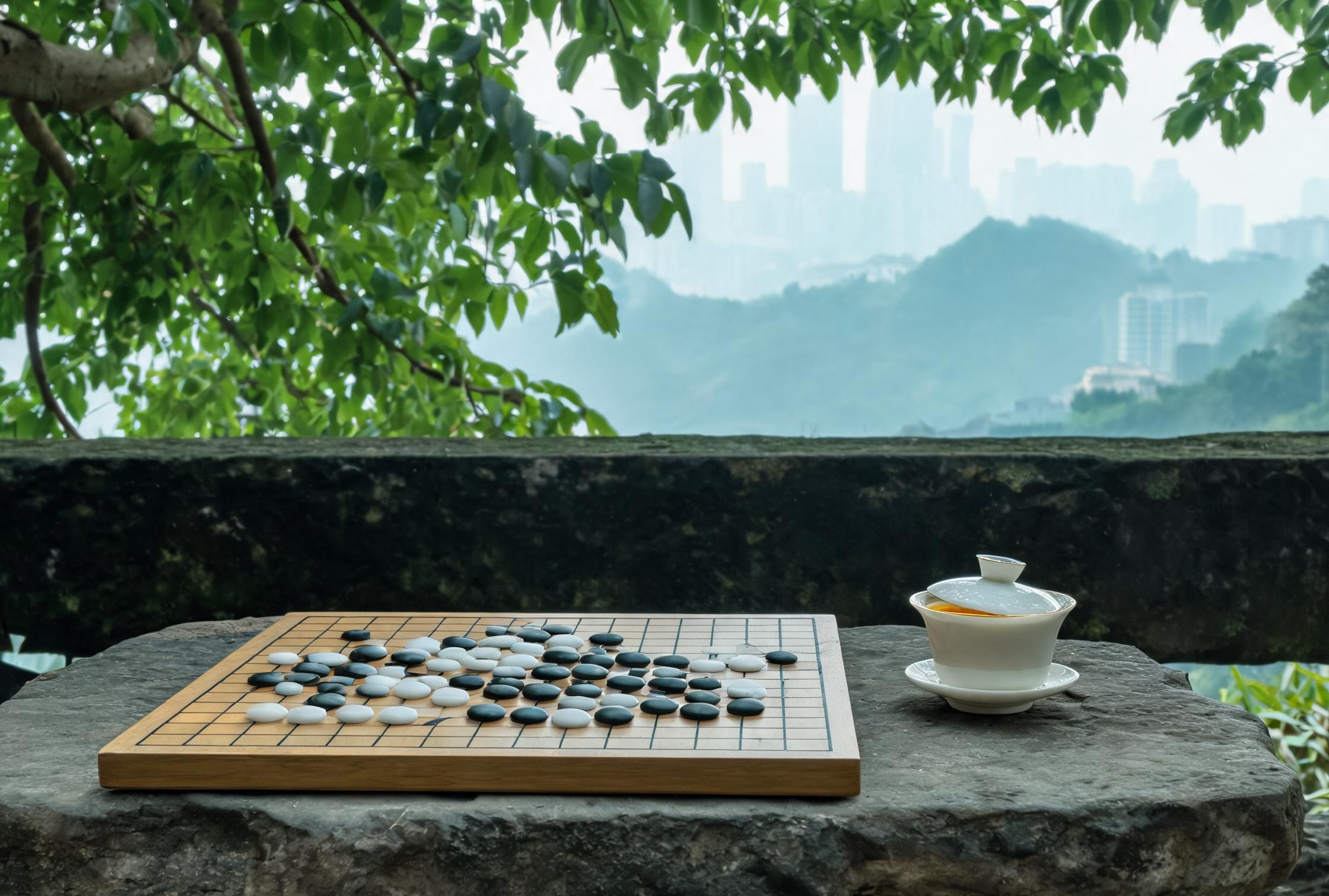 鹅岭公园黄桷树下的石桌棋摊，一副云子一碗盖碗茶，两位老棋友对弈，落子前先端起茶碗