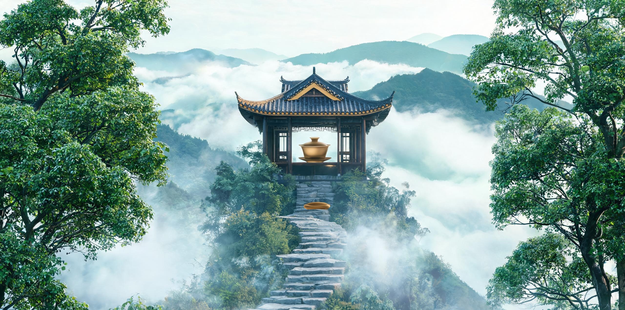 重庆品茶网·雾岭茶亭南山观景茶台，晨雾缭绕中的黄桷树下盖碗茶席，山城雾都品茶空间实景