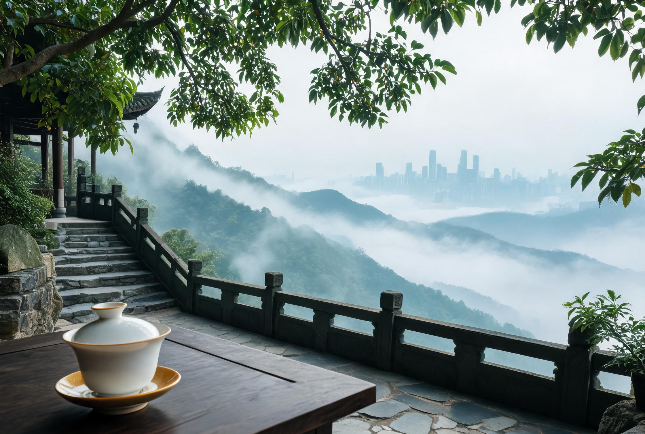 雾中观景茶台：黄桷树旁俯瞰山城雾海的露天茶台，盖碗与山景共呈雾都品茶体验