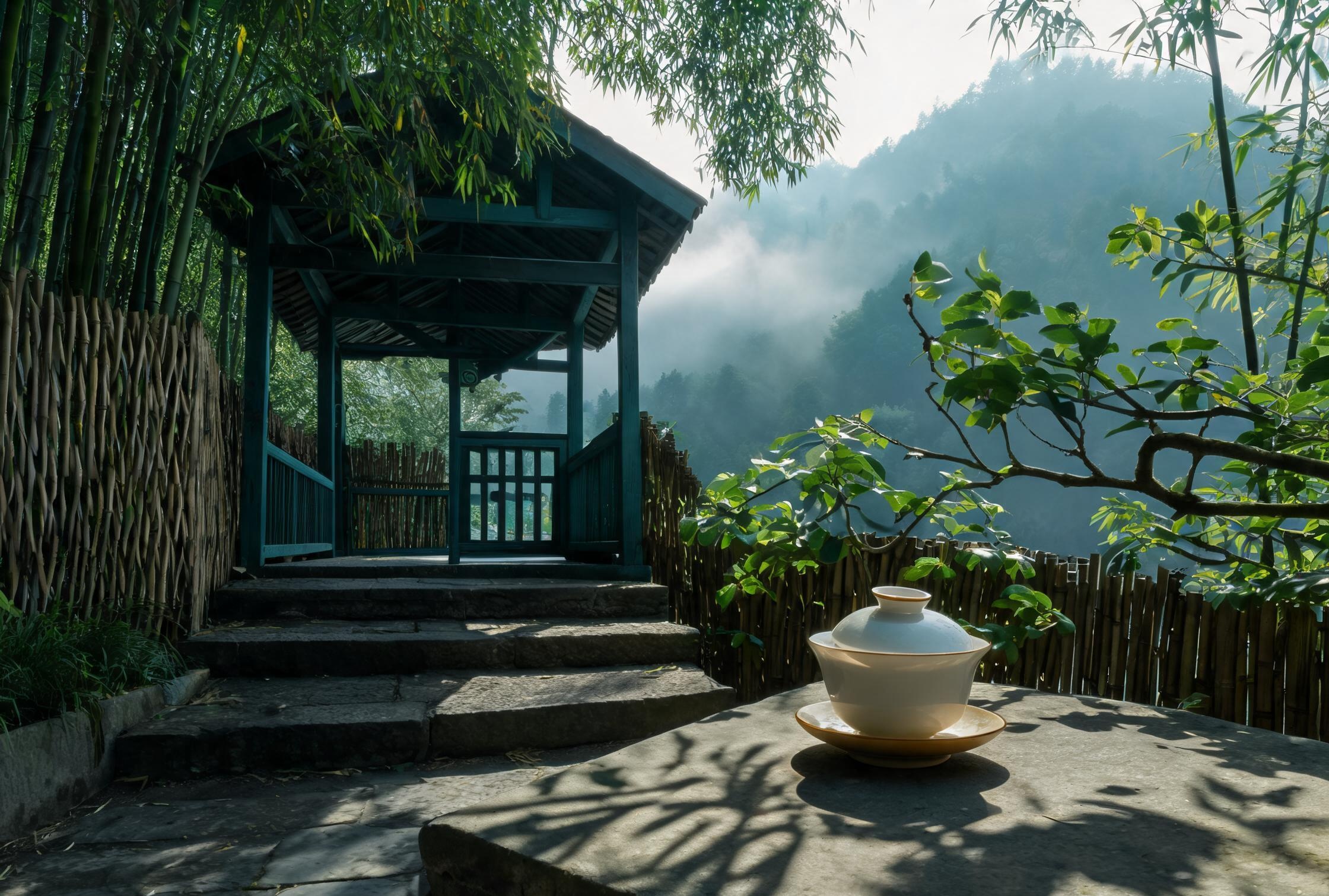 竹篱茶亭：竹林围绕的独立茶亭，竹影婆娑间的私密品茶空间，雾岭茶亭环境实景
