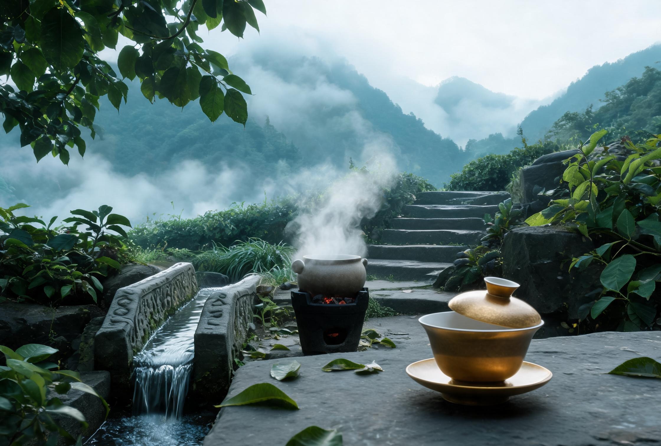 山泉煮茶房：青石砌壁的山泉煮茶空间，炭炉与铜壶共呈传统煮茶氛围，重庆南山茶室