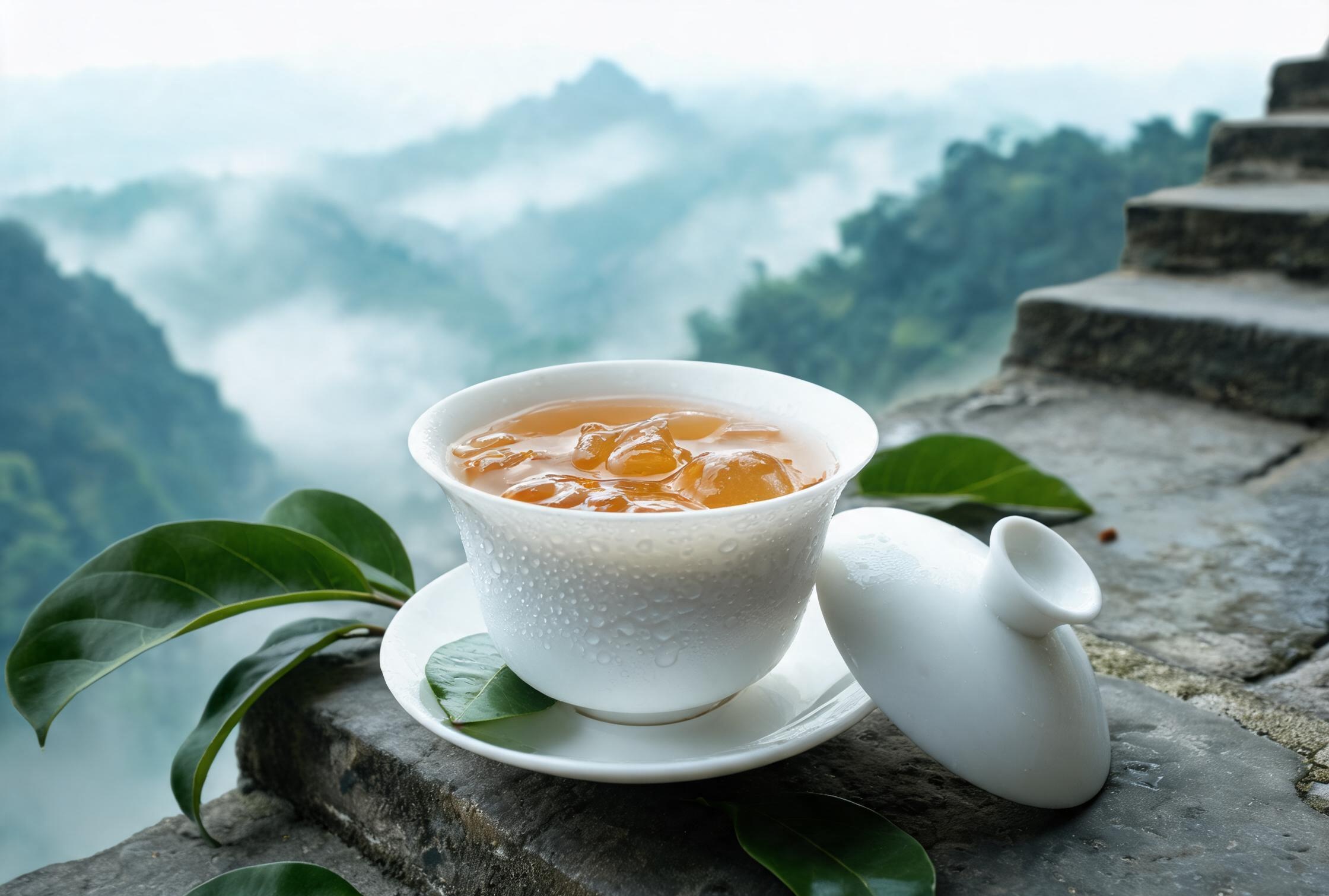 老鹰茶盖碗凉饮：琥珀色老鹰茶汤注入盖碗，夏日凉饮的山城传统消暑茶