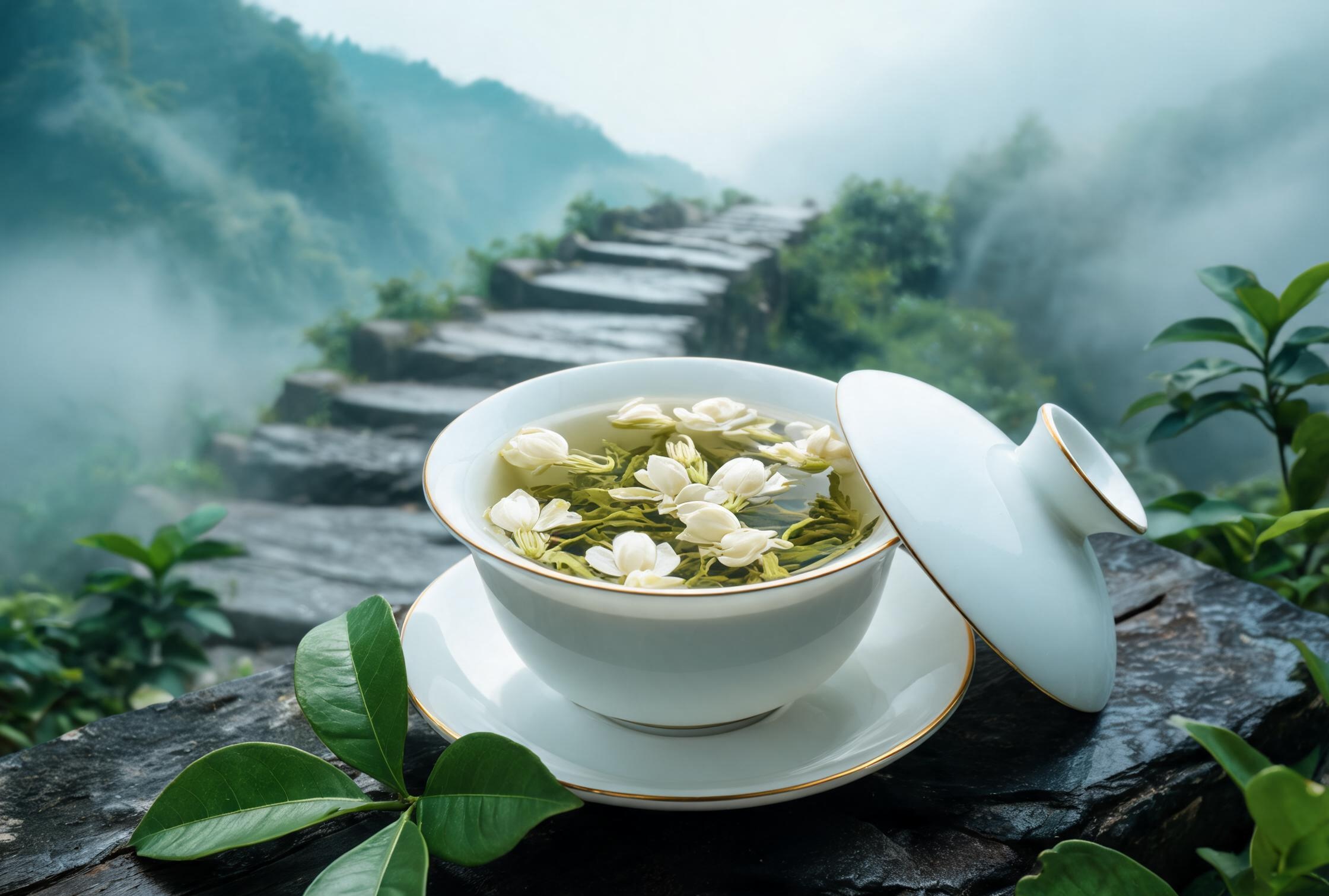 茉莉香片盖碗花茶：茉莉花瓣点缀盖碗茶汤，花香与茶香交融的重庆花茶体验
