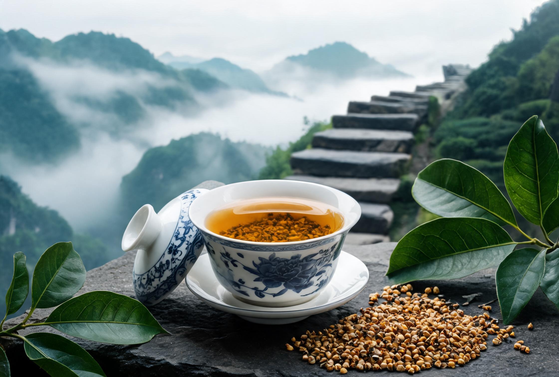 苦荞香茗山野盖碗：苦荞颗粒在盖碗中舒展，金黄汤色与山野香气共呈山城特色