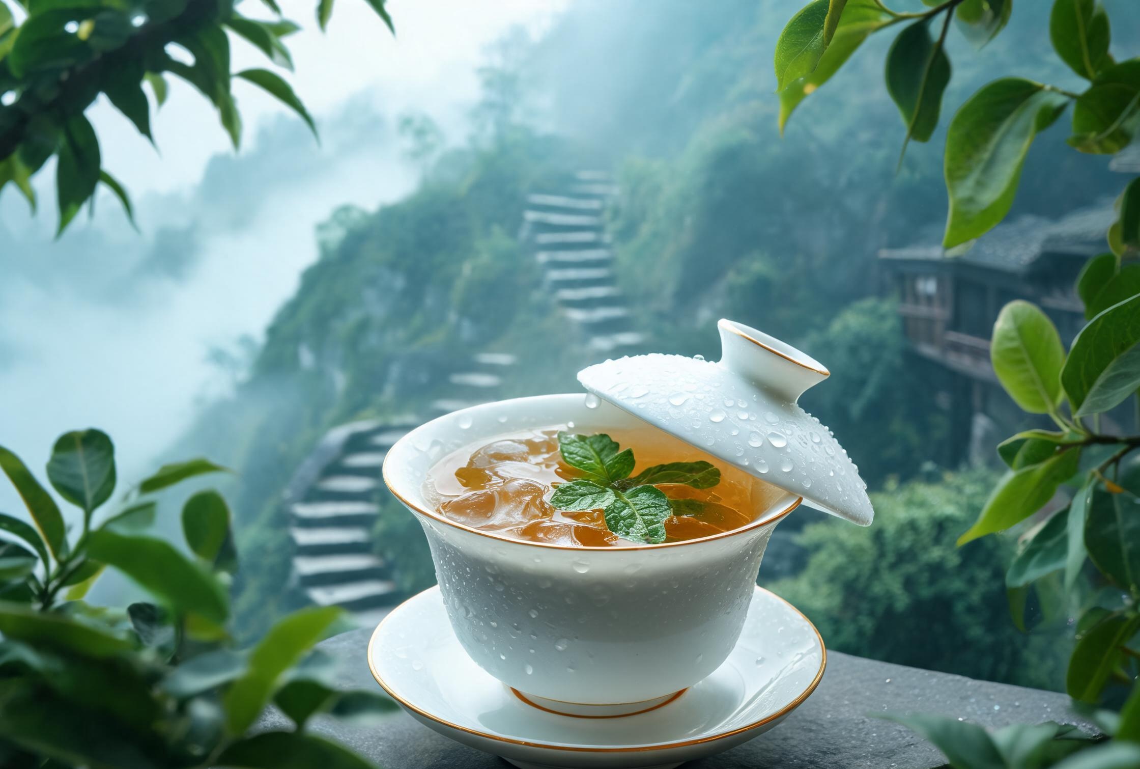 薄荷甜茶夏日冰盖碗：冰块与薄荷叶装点的盖碗茶饮，夏日清凉冰盖碗视觉呈现