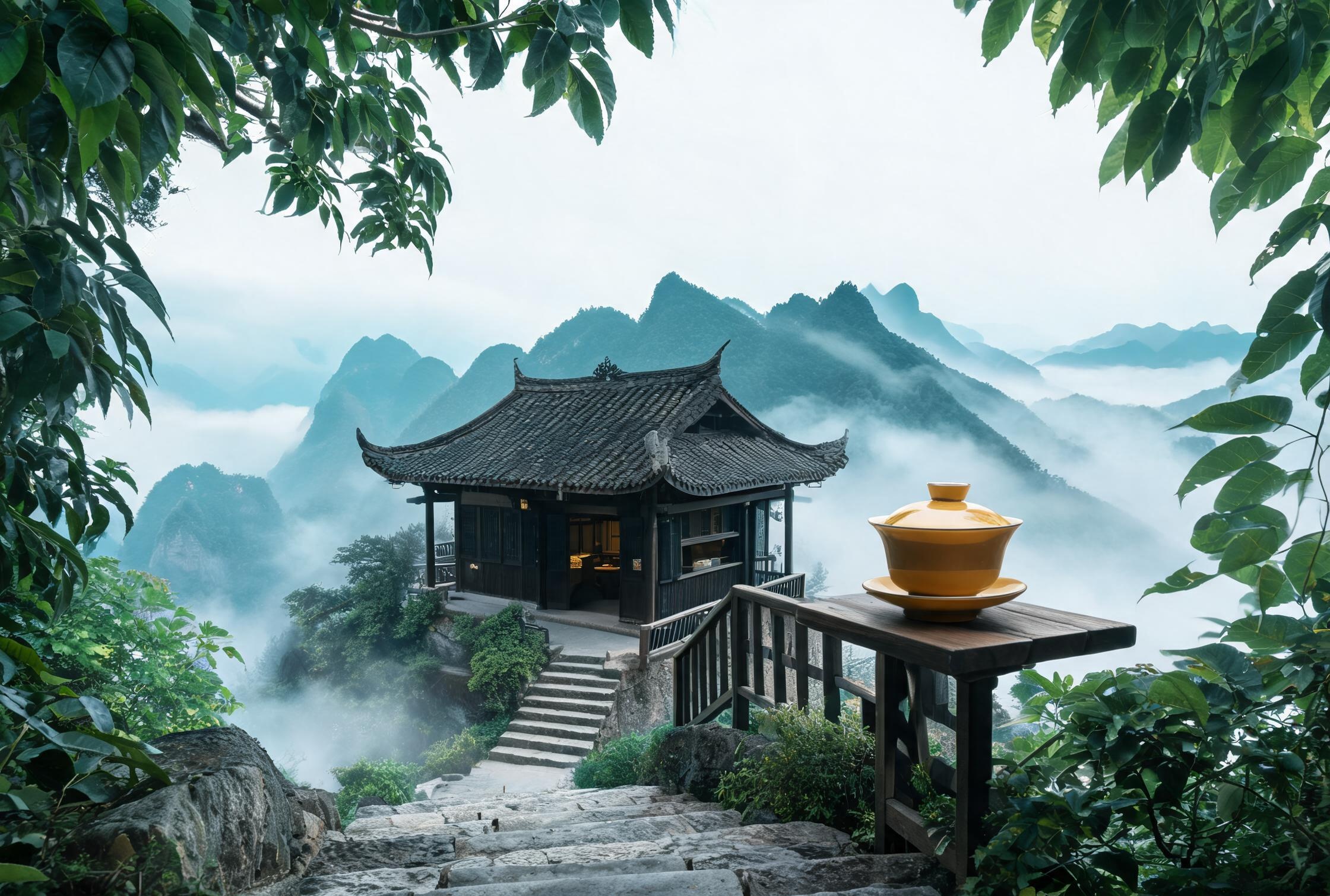 雾岭茶亭南山一棵树店：山巅观景茶台俯瞰山城雾海，黄桷树环绕中的盖碗茶席与远山城市轮廓