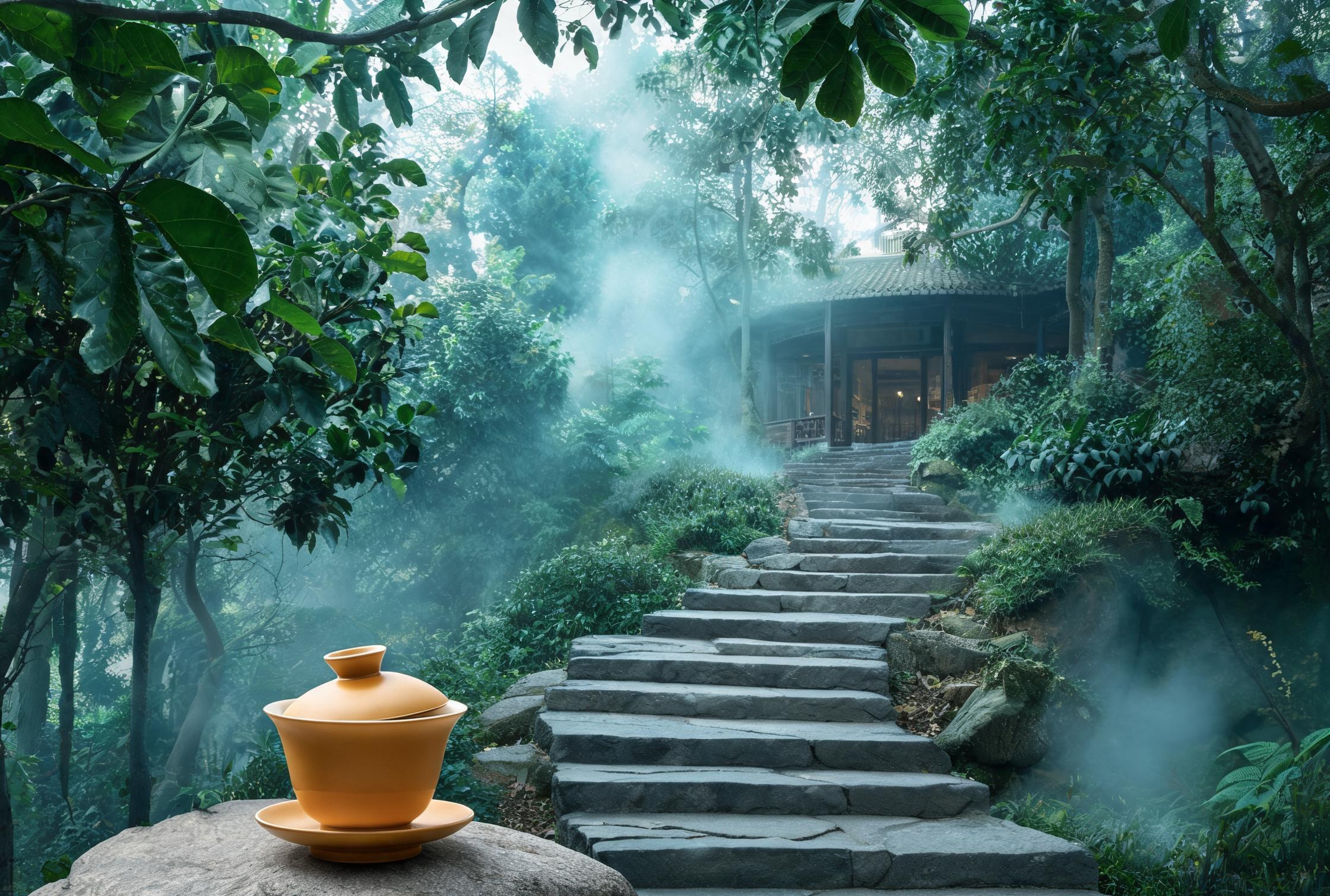 雾岭茶亭歌乐山店：山林环抱的清幽茶亭，山泉煮茶房青石砌壁、炭炉铜壶，窗外松林环绕